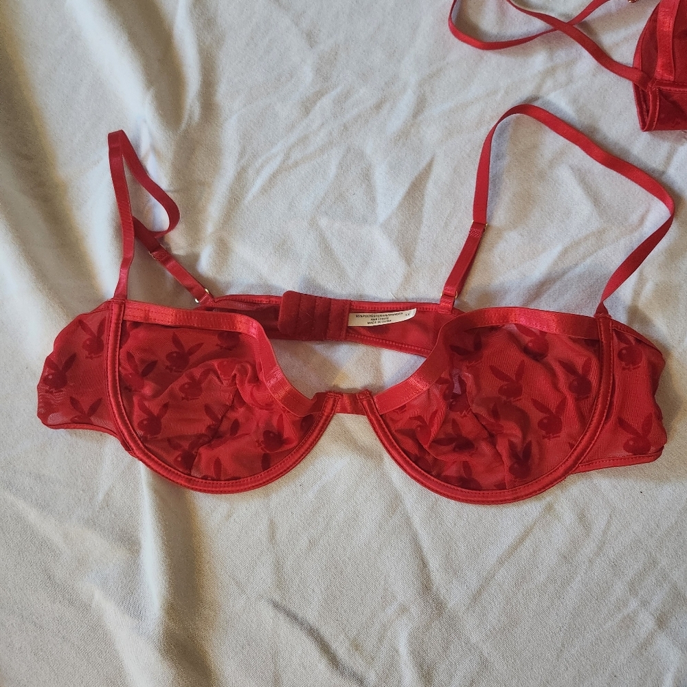 Y2K Playboy Red Mesh Lace Underwire Bra 1X Sheer Valentine Coquette Lingerie